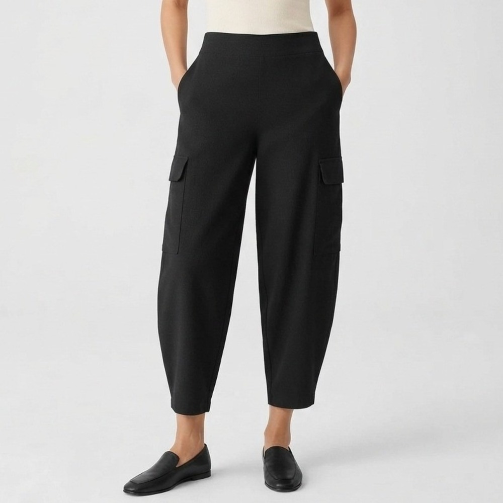 Eileen Fisher Tapered Cargo Pant Elastic Waist Viscose Blend Black Large